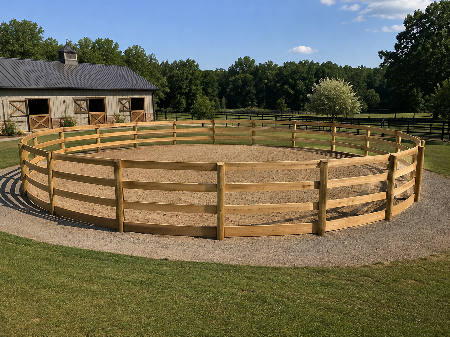 Natural wood round pen on an equestrian property