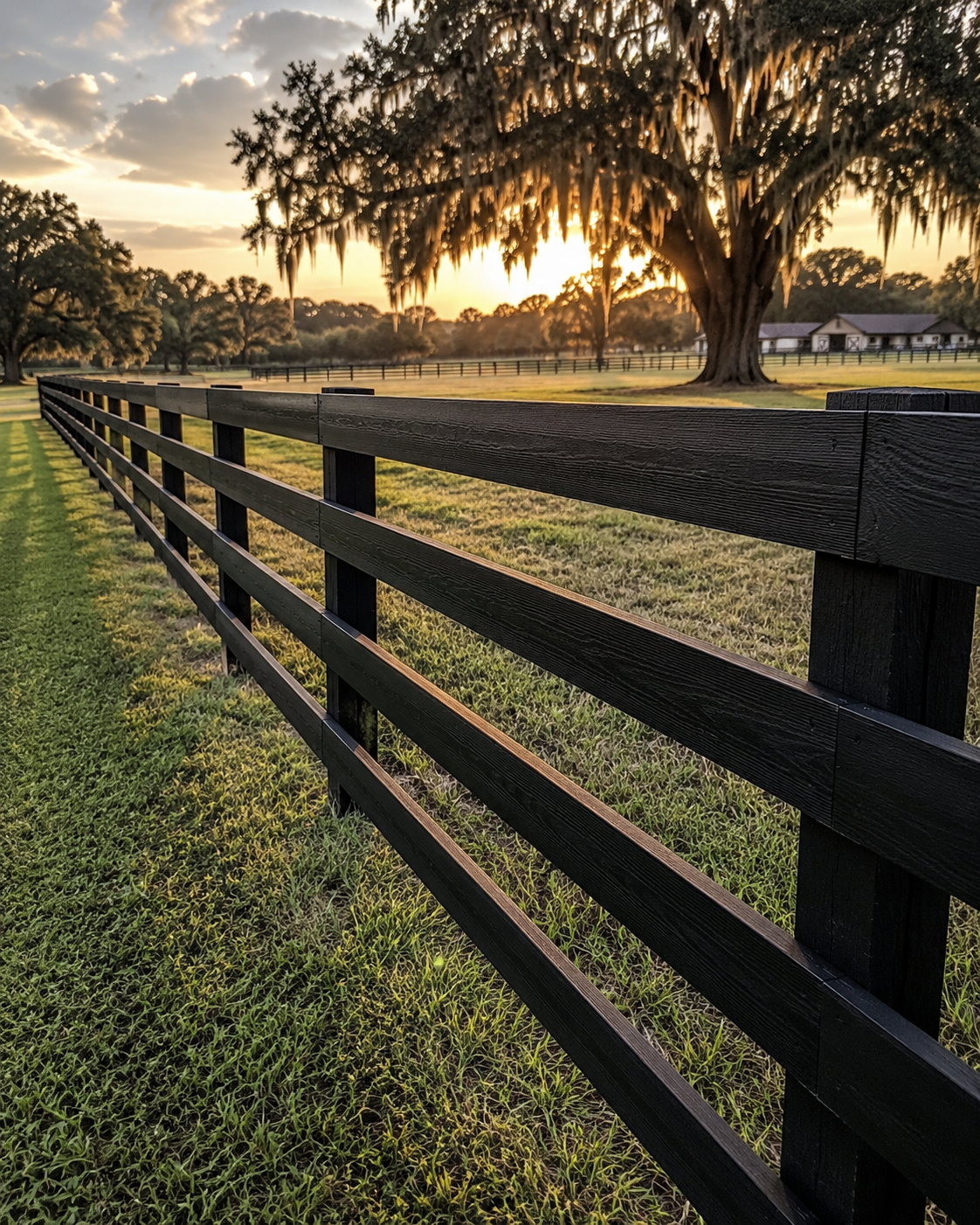 Black board fencing across a large rural property at sunset