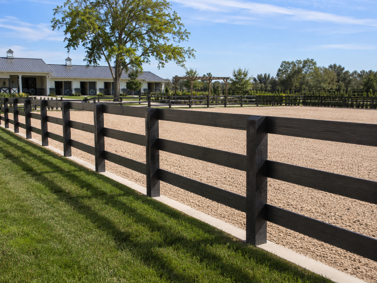Black board fencing around an equestrian arena